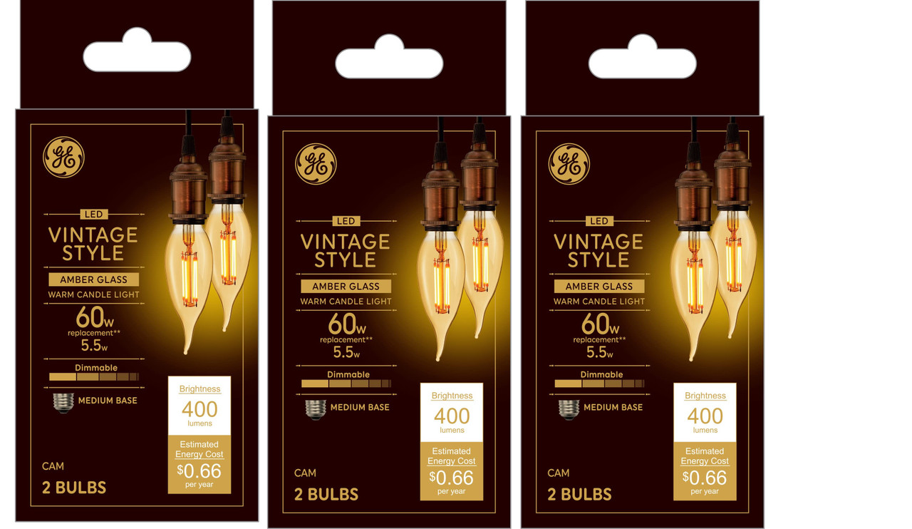 (6 bulbs) GE Lighting 36553, Vintage Style LED Decorative Chandelier Light Bulb, 5.5 Watt (60 Watt Equivalent) Warm Candle Light, Amber Glass, Medium Base, Dimmable, 400 lumens