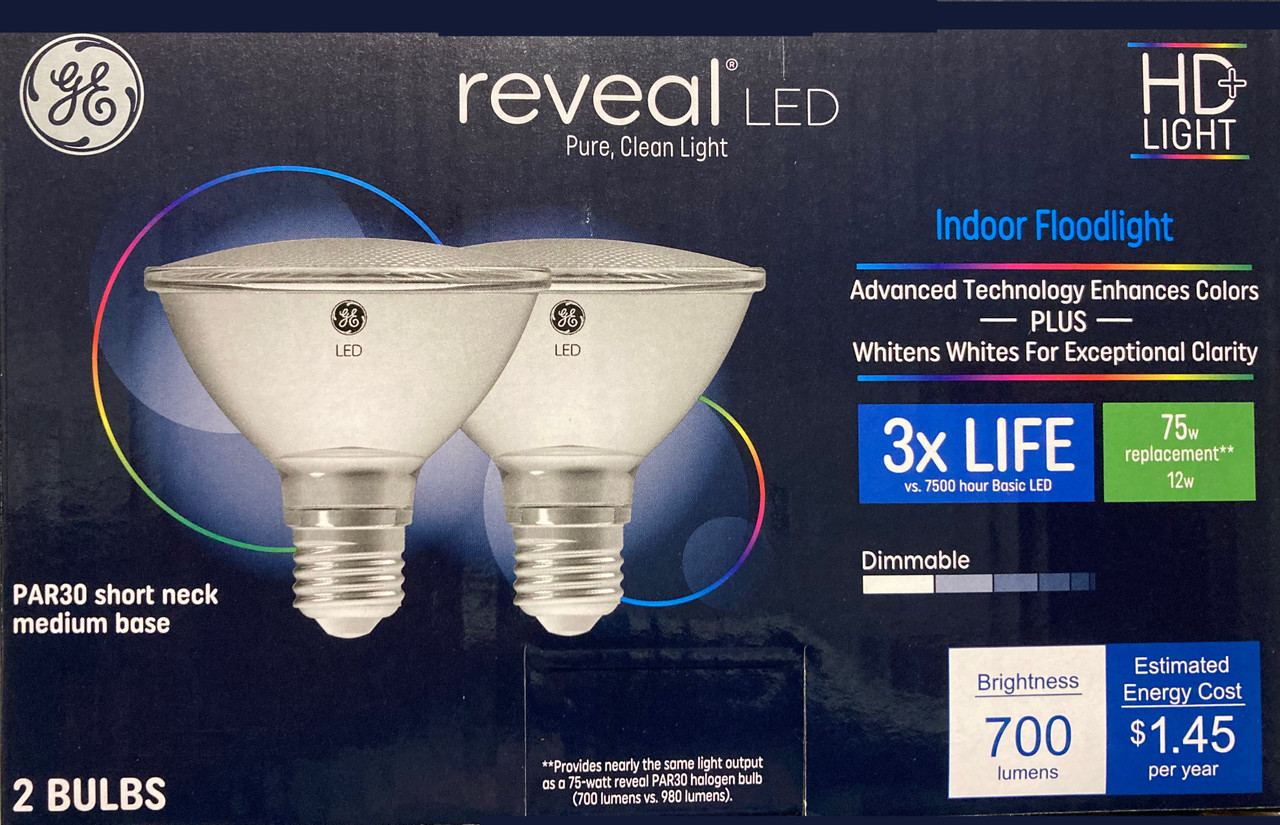 (2 bulbs) GE Reveal LED 75 W Equivalent Dimmable, Color-Enhancing HD PAR30 Shortneck, Dimmable LED Light Light Bulb, GE's best light, Indoor Floodlight, 700 lumen, 12 watt