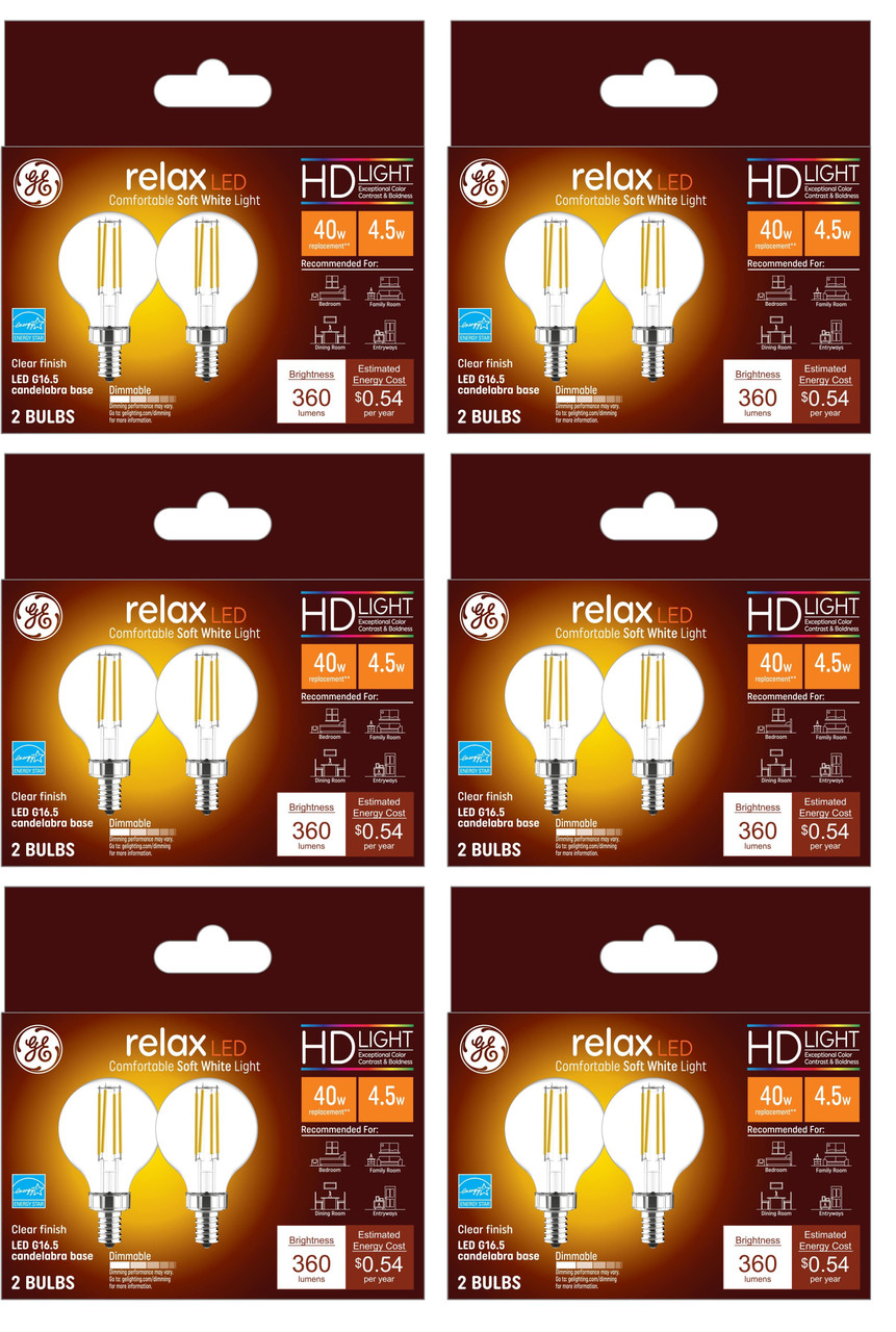 (12 bulbs) GE 42290 relax LED Soft White, Dimmable G16.5 Globe Light Bulb, 40 watt replacement using only 4.5 watts, 360 lumens, candelabra base 