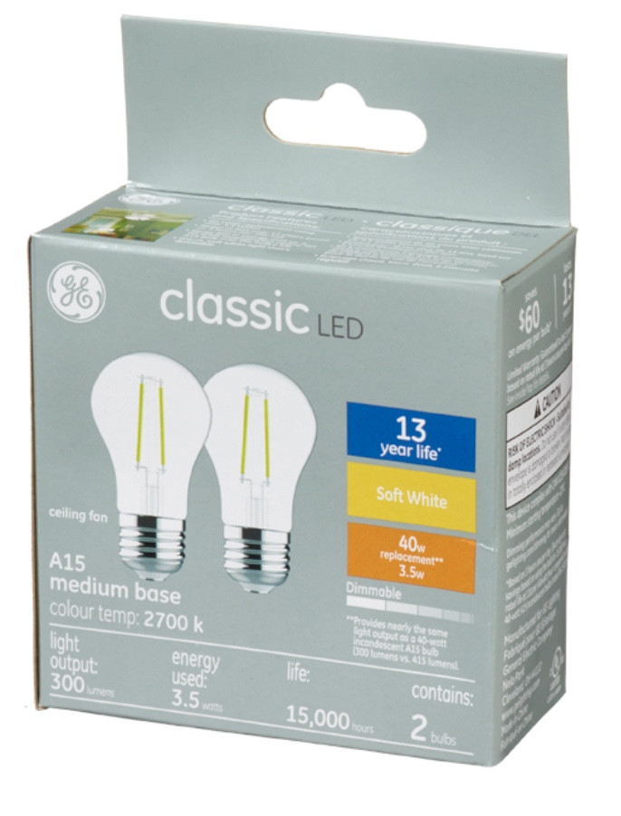 (2 bulbs) GE classic LED A15, 3.5 watt, 300 lumen 40 watt replacement, Dimmable, medium base, soft white 2700K Ceiling Fan Light bulb