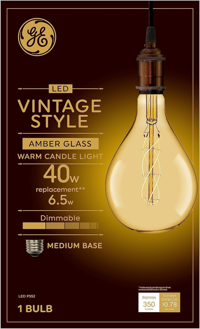 GE Lighting Large Vintage Warm Candle Light LED PS52, Amber Glass, 6.5 watts, Glorious Spiral Weave Filament, 350 lumens, PS52 Pear-Shaped LED Light Bulb, Dimmable