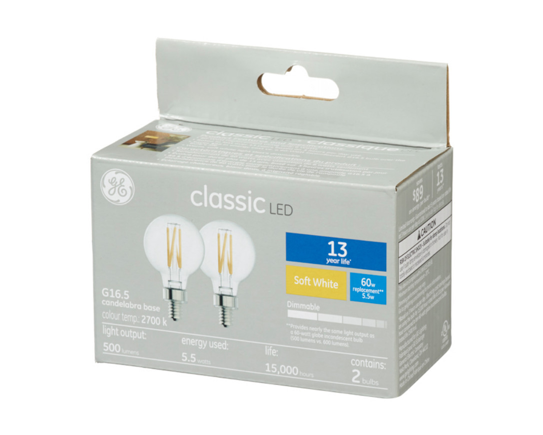 (2 bulbs) GE LED Decorative Globe, G16.5, 60 watt equivalent using only 5.5 watts, 500 lumens, 2700K Golden Soft White, Dimmable, Candelabra base, 13 year life