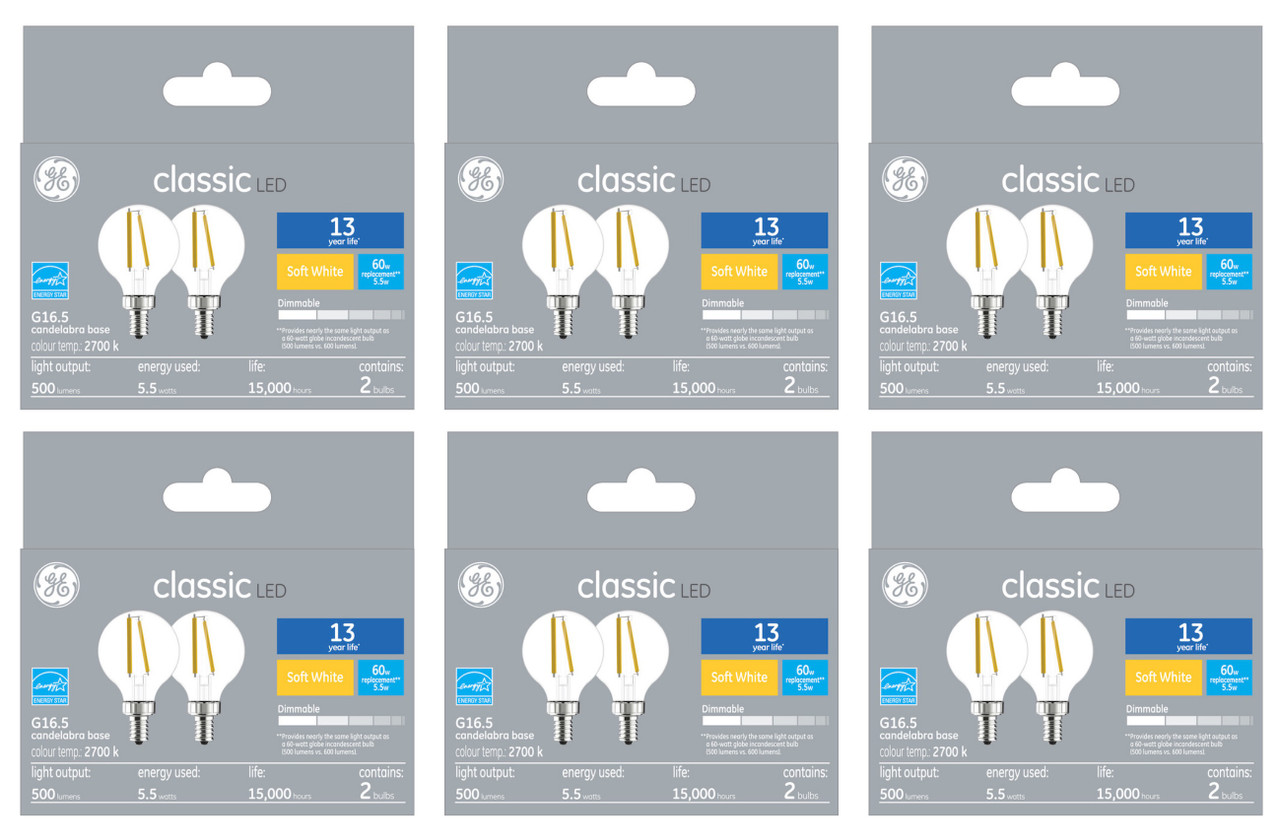 (12 bulbs) GE LED Decorative Globe, G16.5, 60 watt equivalent using only 5.5 watts, 500 lumens, 2700K Golden Soft White, Dimmable, Candelabra base, 13 year life