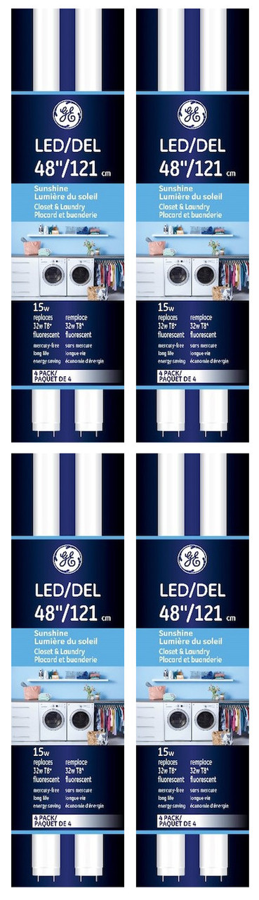 (16 tubes) GE Lighting T8 LED Tube Type A, 48 inch, 15 watt, 1800 lumens, 5000K Sunshine Cool White, plug and play-- fast and easy LED upgrade for 4-ft T8 fluorescent lamp, 
