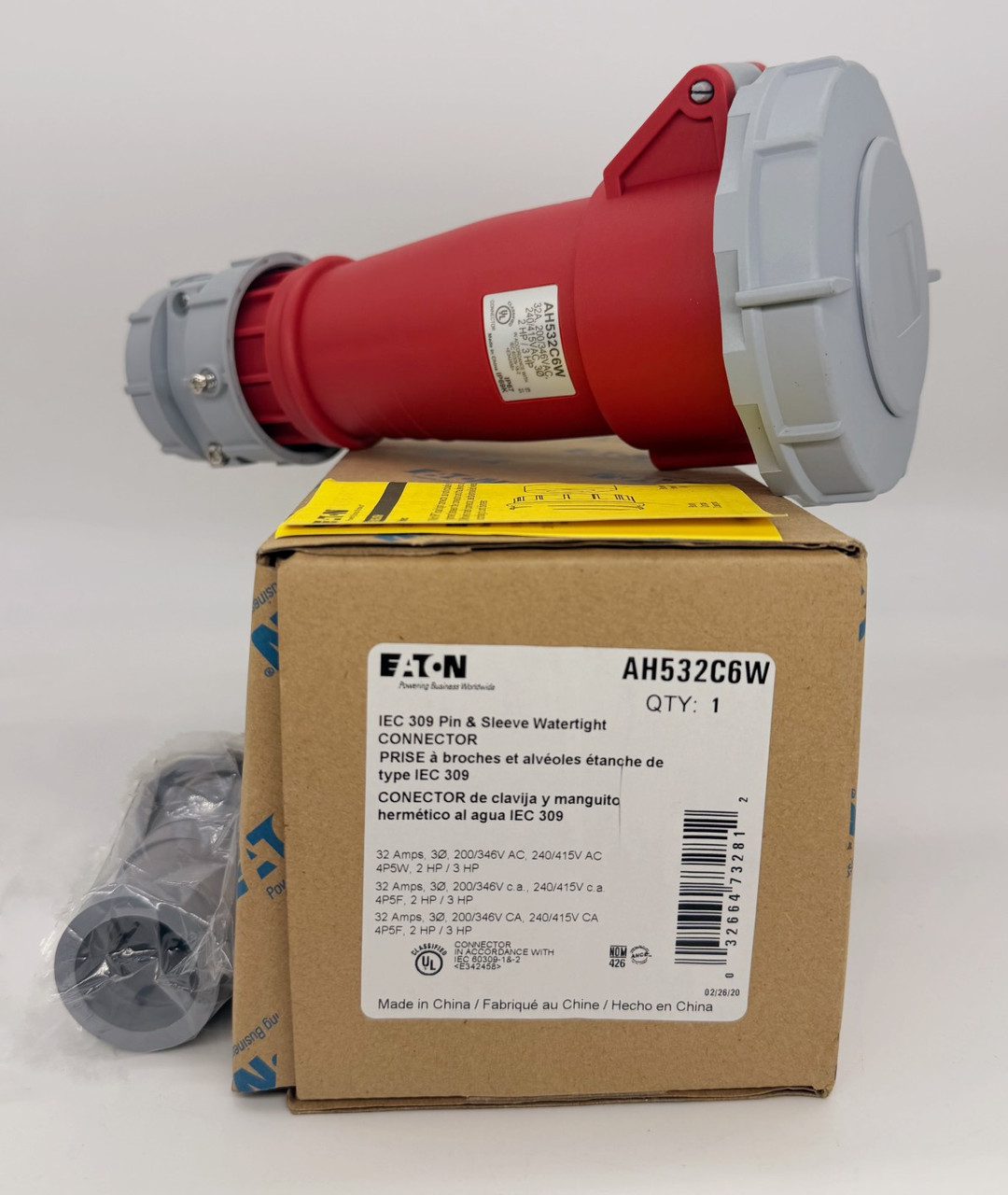Eaton AH532C6W Pin and Sleeve Watertight Connector, 32A 3 Phase 220/380V - 240/414V, four pole five wire, 4P5W, grounding, Nylon, Red, Female