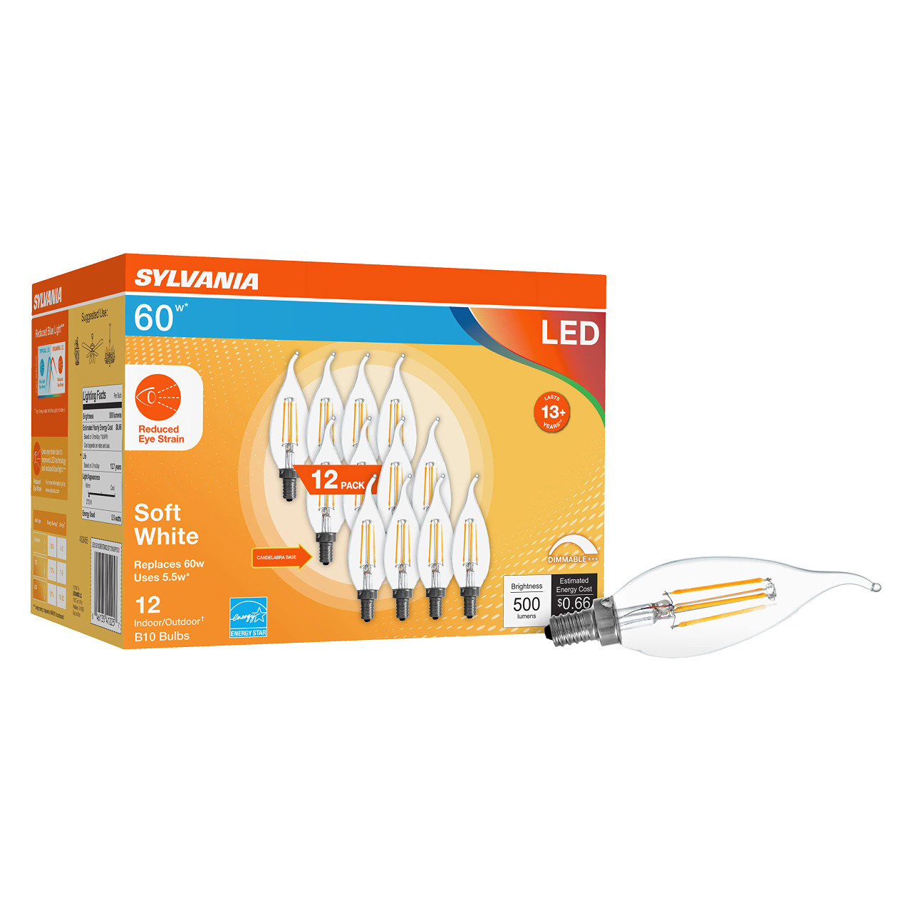 LEDVANCE Sylvania Reduced Eye Strain B10 LED Light Bulb, 60W = 5.5W, Candelabra Base, 13 Year, Dimmable, Clear, 2700K, Soft White - 12 Pack (41225)