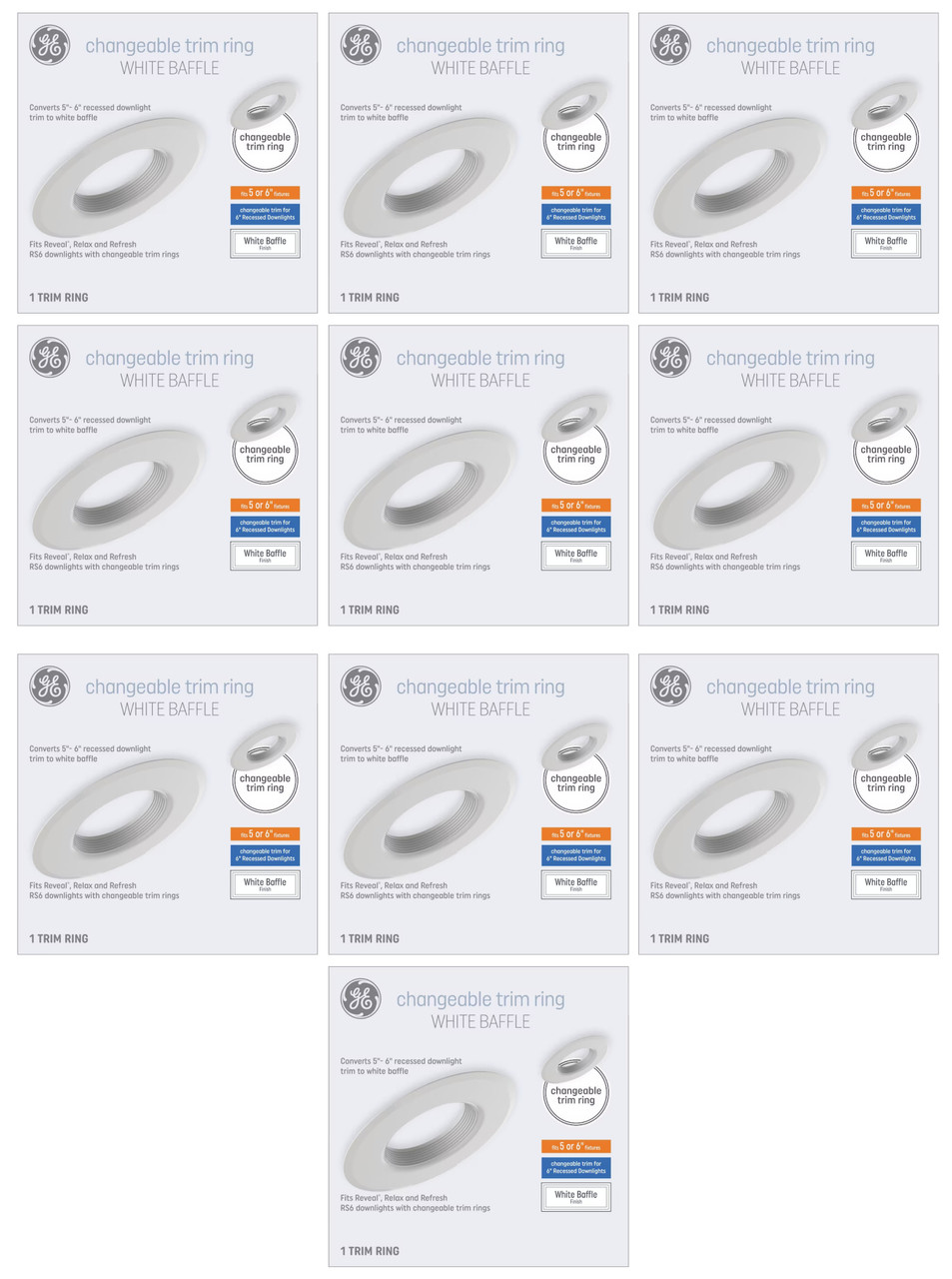 (10 trim rings) GE Lighting 47834 changeable Trim ring Baffle, RS6 (6 inch diameter) metal trim ring, fits 5 or 6 inch fixtures, converts 5 or 6 inch recessed downlight trim to white baffle