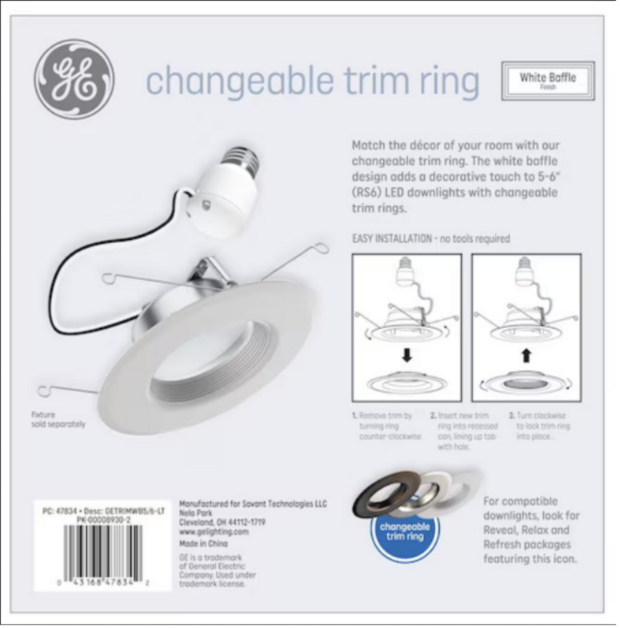 (10 trim rings) GE Lighting 47834 changeable Trim ring Baffle, RS6 (6 inch diameter) metal trim ring, fits 5 or 6 inch fixtures, converts 5 or 6 inch recessed downlight trim to white baffle