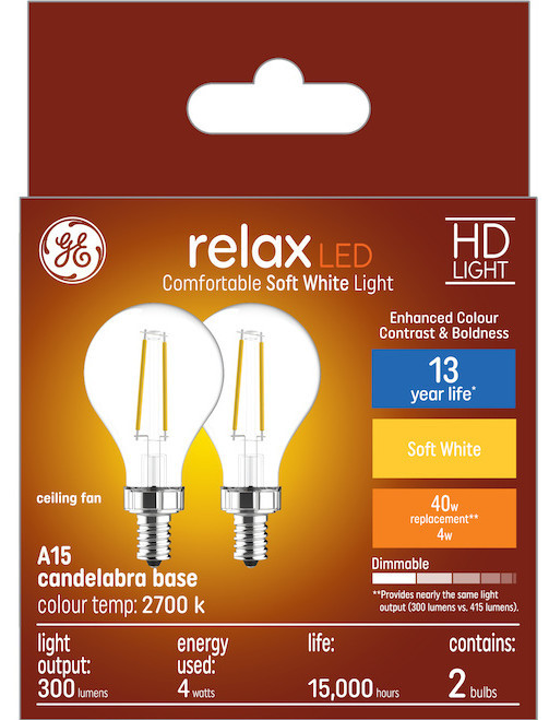 (2 bulbs) GE Relax HD Soft White 4 watt LED Clear Ceiling Fan Candelabra Base A15 Light Bulbs, 40 watt replacement, Dimmable