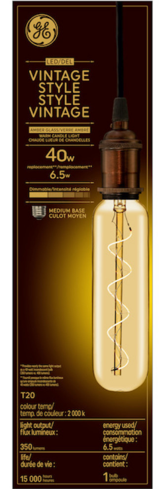 GE Large Vintage Style LED T20, 6.5 watt, 350 lumen, Amber Glass, 2000K Warm CandleLight, Spiral Filament, dimmable 40W Replacement LED T20 Tubular Light Bulb