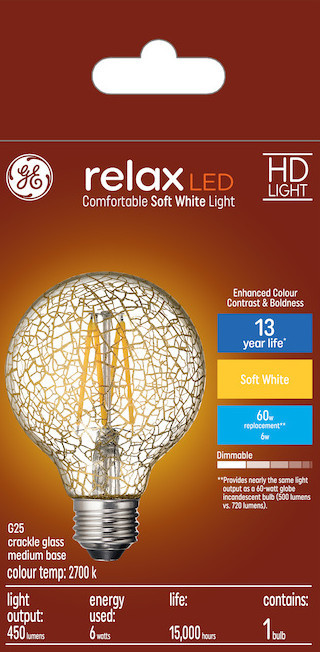 GE Lighting relax LED HD Soft White LED Decorative Crackle Glass G25 Globe, 6 watt, 450 lumen, medium base, Dimmable LED Light bulb