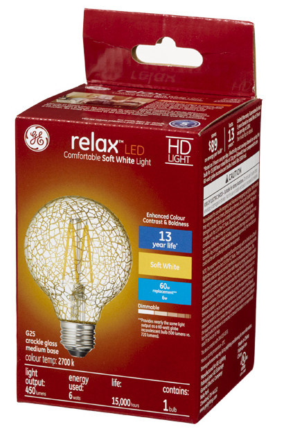 GE Lighting relax LED HD Soft White LED Decorative Crackle Glass G25 Globe, 6 watt, 450 lumen, medium base, Dimmable LED Light bulb