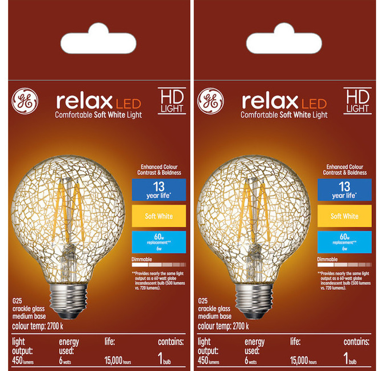 (2 bulbs) GE Lighting relax LED HD Soft White LED Decorative Crackle Glass G25 Globe, 6 watt, 450 lumen, medium base, Dimmable LED Light bulb