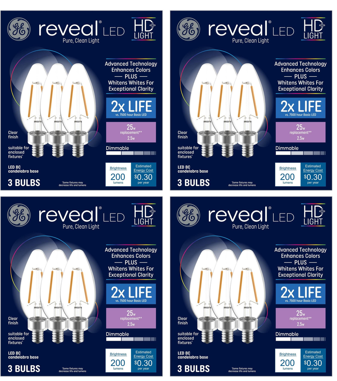 (12 bulbs) GE 42465 Reveal LED Chandelier Bulb, 200 lumens, 2.5 watts, candelabra base, blunt tip, clear Color-Enhancing HD Light, Dimmable LED Candle Light Bulb