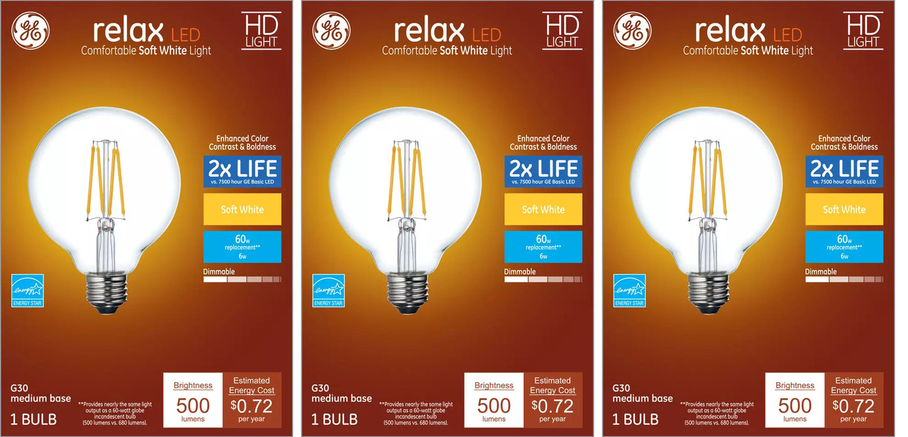 (3 bulbs) GE Relax LED G30 Vanity Globe, soft white,  6 watt,  500 lumen, 2700K Dimmable LED Light Bulb, medium base