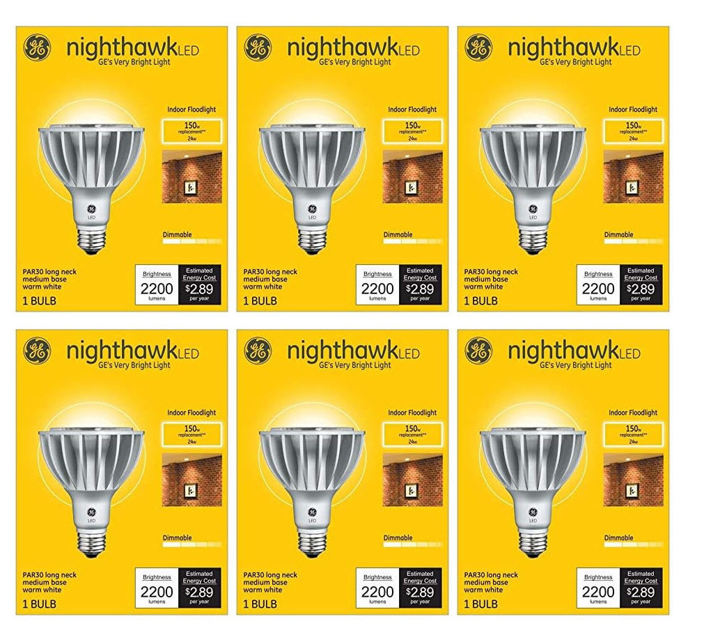 (6 bulbs) GE nighthawk LED PAR30 Longneck, 24 watt, 2200 lumens, 3000K warm white, medium base, indoor floodlight, dimmable ultra bright 150 watt equivalent