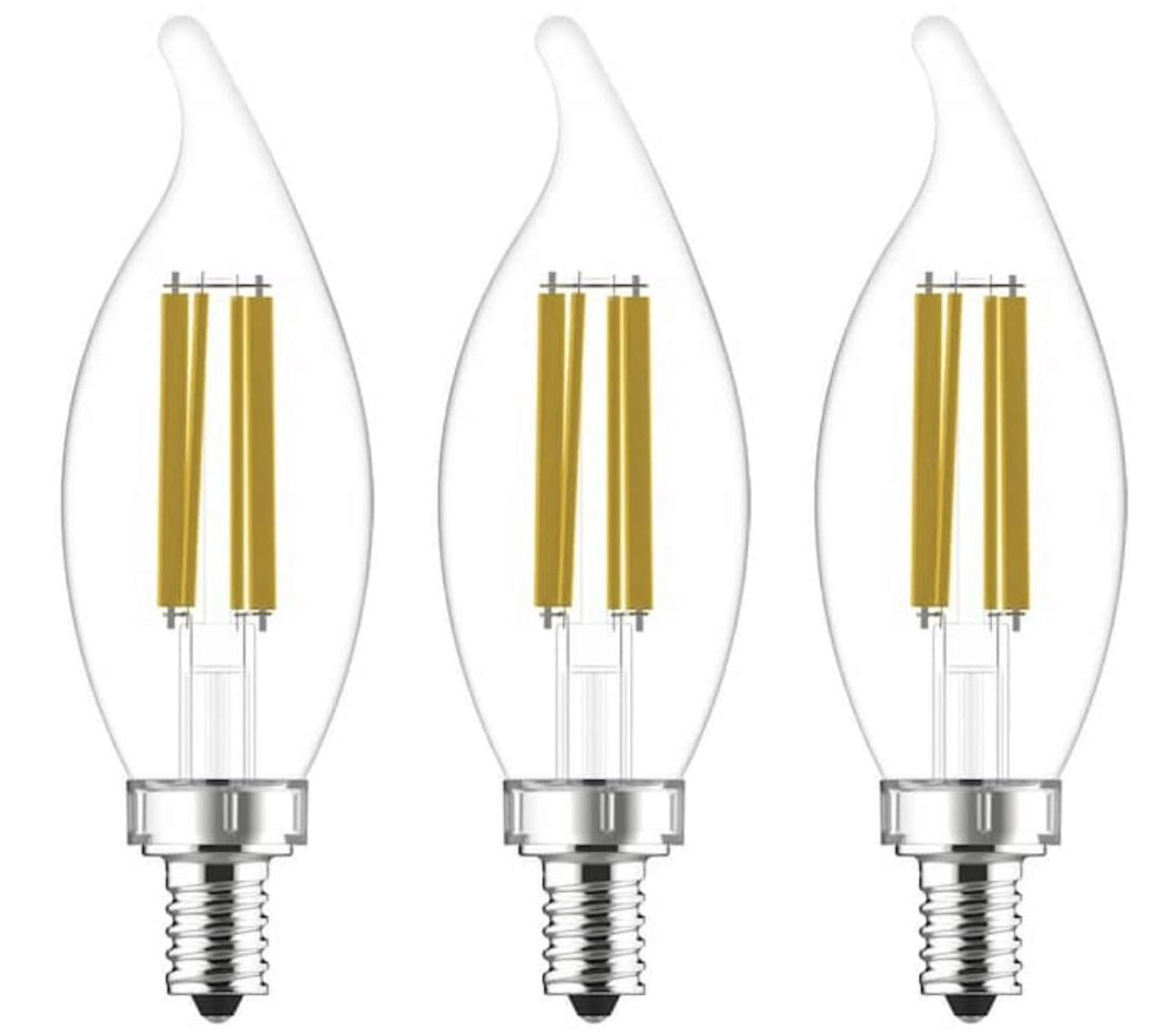 (3 bulbs) GE ultra bright LED 75-Watt equivalent, Soft White Chandelier Light Bulb, Candelabra Base, Dimmable, 7.5 watt, 810 lumen LED ultrabright, bent tip, clear Decorative bulb