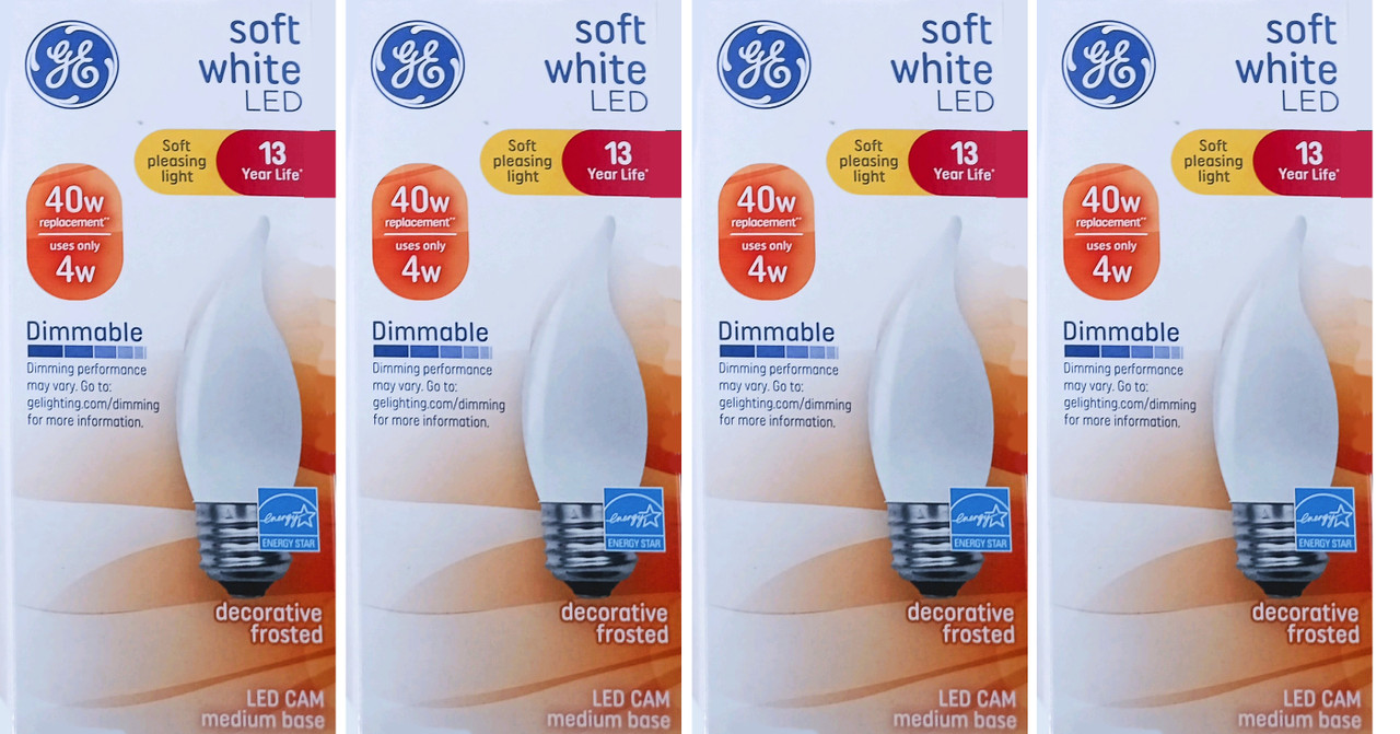 (4 bulbs) GE Lighting soft white LED Chandelier Bulb, 4 watt, 300 lumens, Frosted, Dimmable Bent-Tip Decorative LED CAM Light Bulb