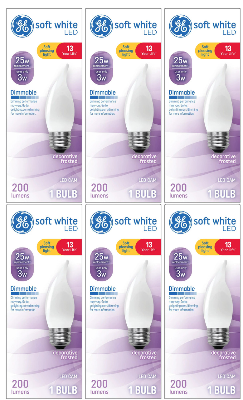 (case of 6 bulbs) GE 35916 LED Decorative Frosted Light Bulb, Dimmable, 3 watts, 200 lumens, medium base soft white 25 watt equivalent LED chandelier light bulb