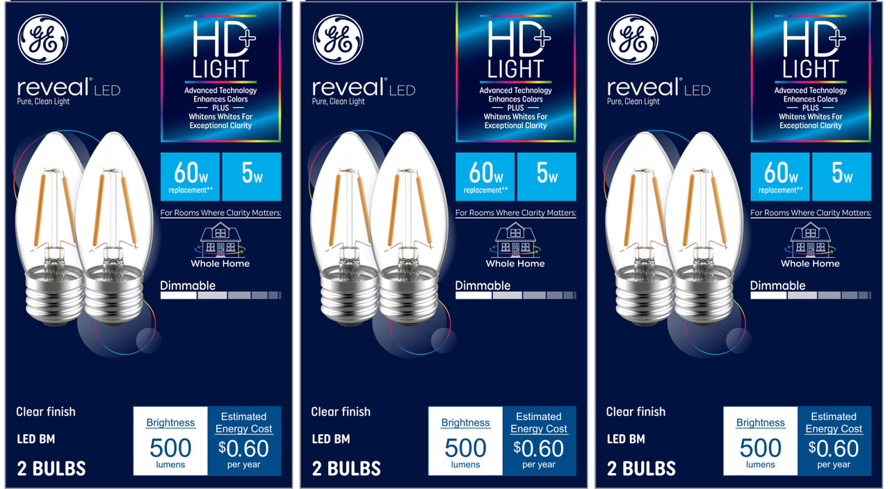 (6 bulbs) GE Reveal LED Decorative Light Bulb, 60 Watt equivalent, 500 lumen, 5 watt, reveal HD ligh, most beautiful, dimmable, medium base LED chandelier Light Bulb