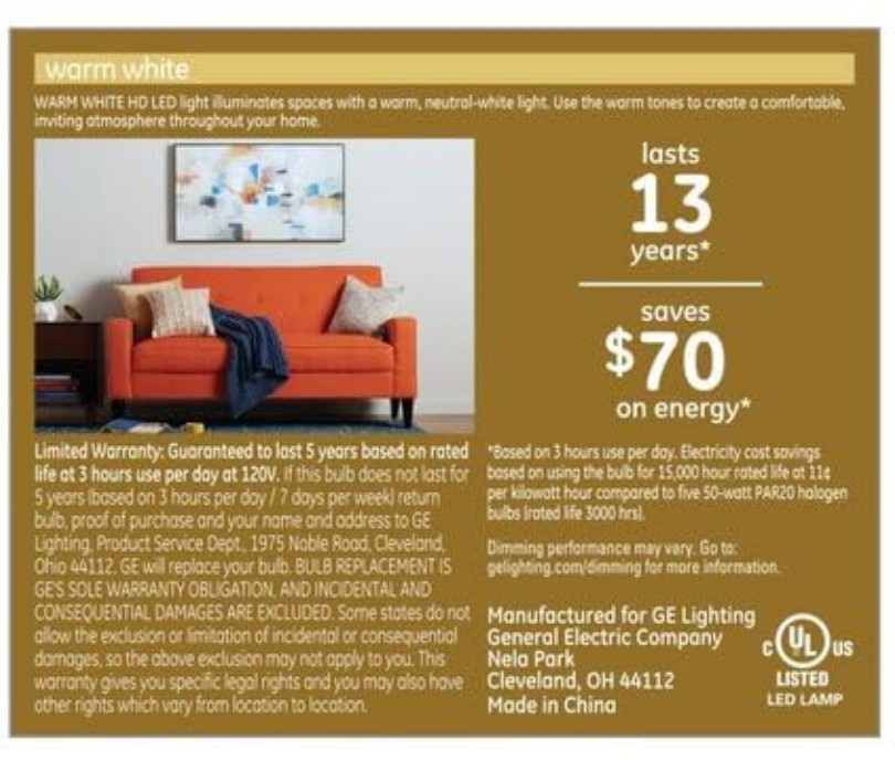 (6 bulbs) GE LED PAR20 Warm White Dimmable Indoor Spotlight, 50-Watt Equivalent, 520 Lumens, 3000K warm white, 7 watt, HD Light exceptional color contrast & boldness