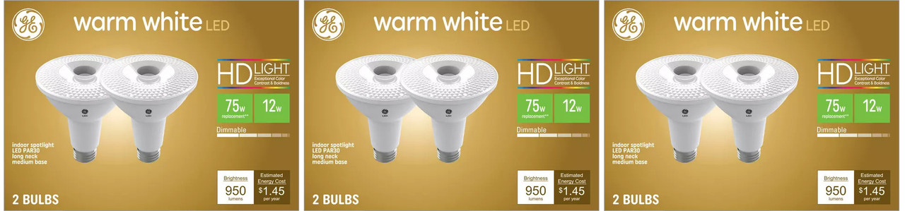 (6 bulbs) GE LED PAR30 long neck, Indoor Spotlight, warm white HD, 75 watt equivalent, Dimmable, 950 lumens, uses only 12 watts, LED Spotlight Light Bulb