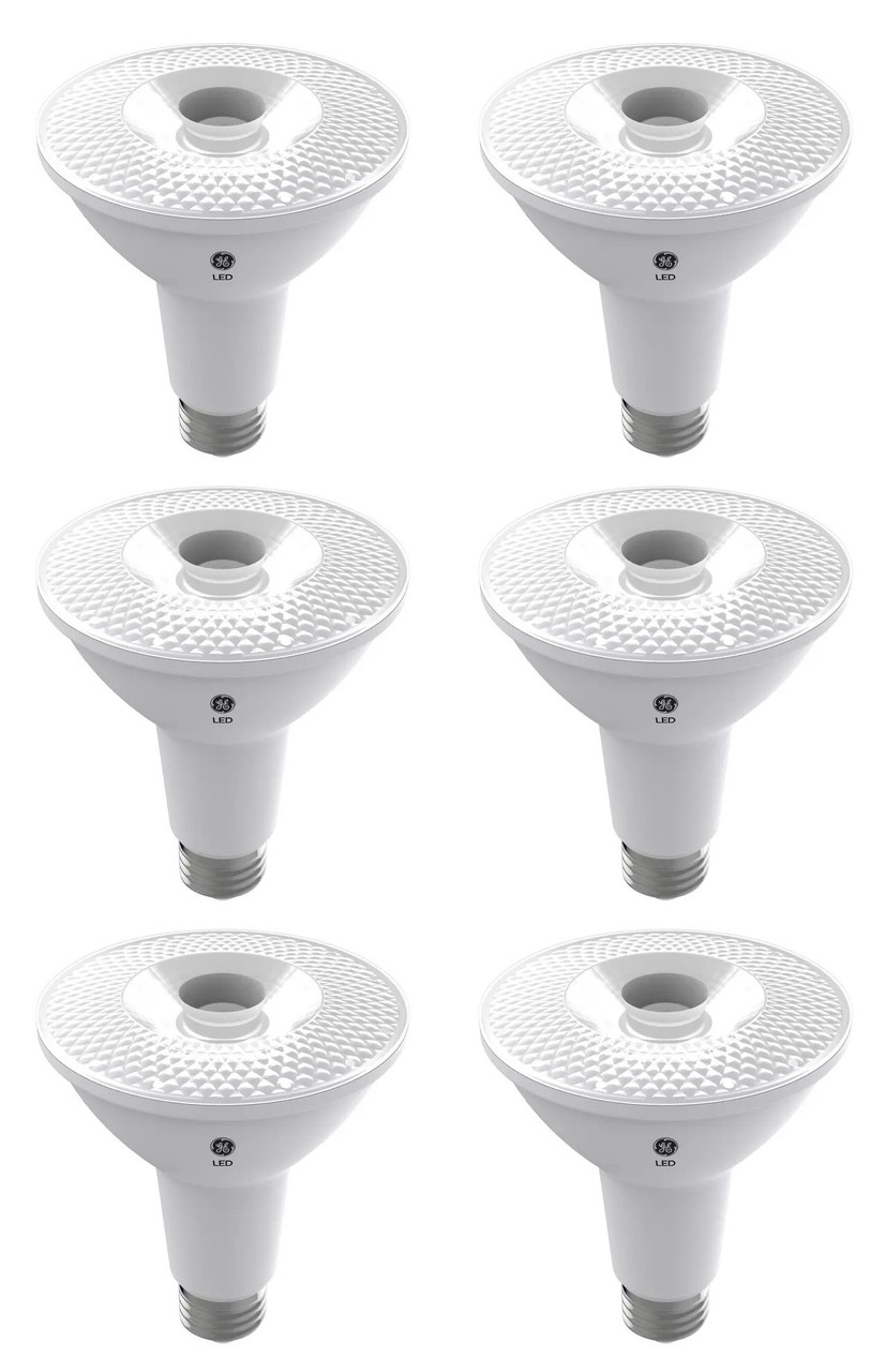 (6 bulbs) GE LED PAR30 long neck, Indoor Spotlight, warm white HD, 75 watt equivalent, Dimmable, 950 lumens, uses only 12 watts, LED Spotlight Light Bulb