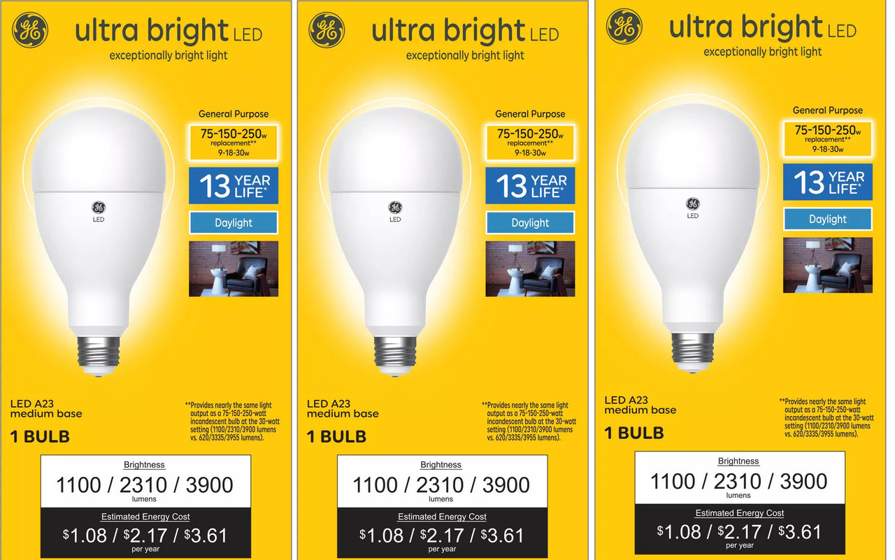 (case of 3) Plump GE ultra bright LED 3-way light bulb, 75/150/250 watt equivalent, Daylight, 1100/2310/3900 lumens, exceptionally bright LED, frost finish.  Note- Bulb is large, portly A23
