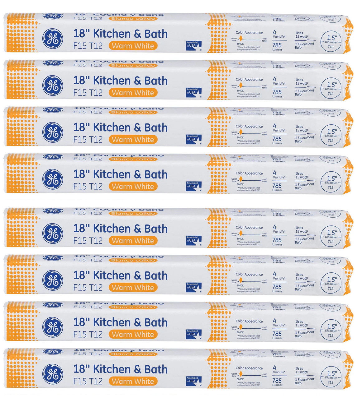 (8 lamps) GE Lighting 36105 Fluorescent T12 Kitchen and Bath light, F15/T12, warm white, 18 inch lamp, 785 lumen, 15 watt