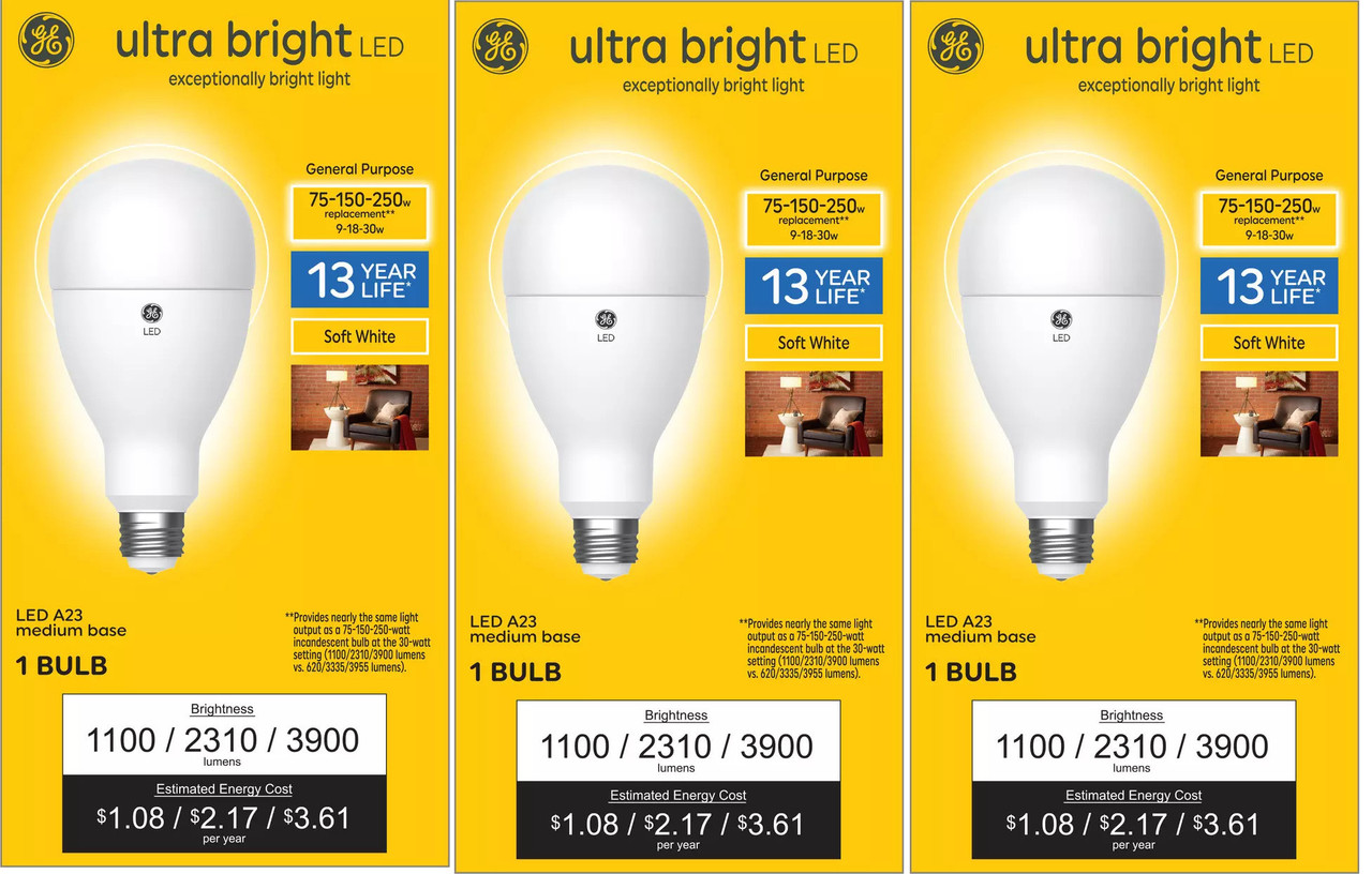 (case of 3 bulbs) Plump GE ultra bright LED 3-way light bulb, 75/150/250 watt replacement, Soft White, 1100/2310/3900 lumens, exceptionally bright LED A23, frost finish, irregular size