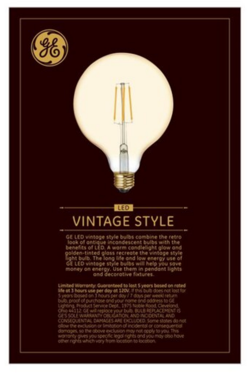 (case of 3 bulbs) GE Lighting 48631 Vintage LED G40 Light Bulb, Warm Candlelight, Amber Glass, 60 watt equivalent using only 5.5 watts, 400 lumens, Dimmable, Vintage Style LED Light Bulb