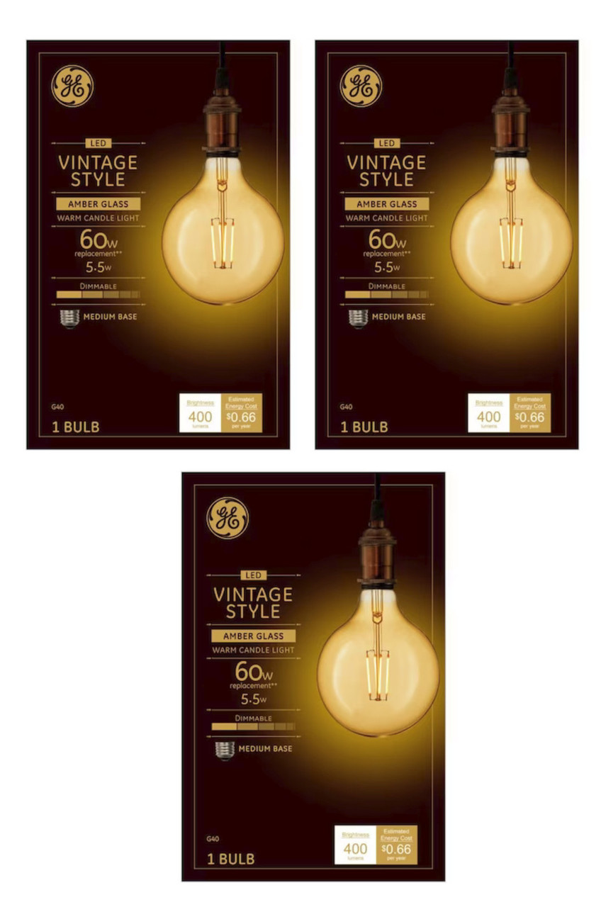 (case of 3 bulbs) GE Lighting 48631 Vintage LED G40 Light Bulb, Warm Candlelight, Amber Glass, 60 watt equivalent using only 5.5 watts, 400 lumens, Dimmable, Vintage Style LED Light Bulb