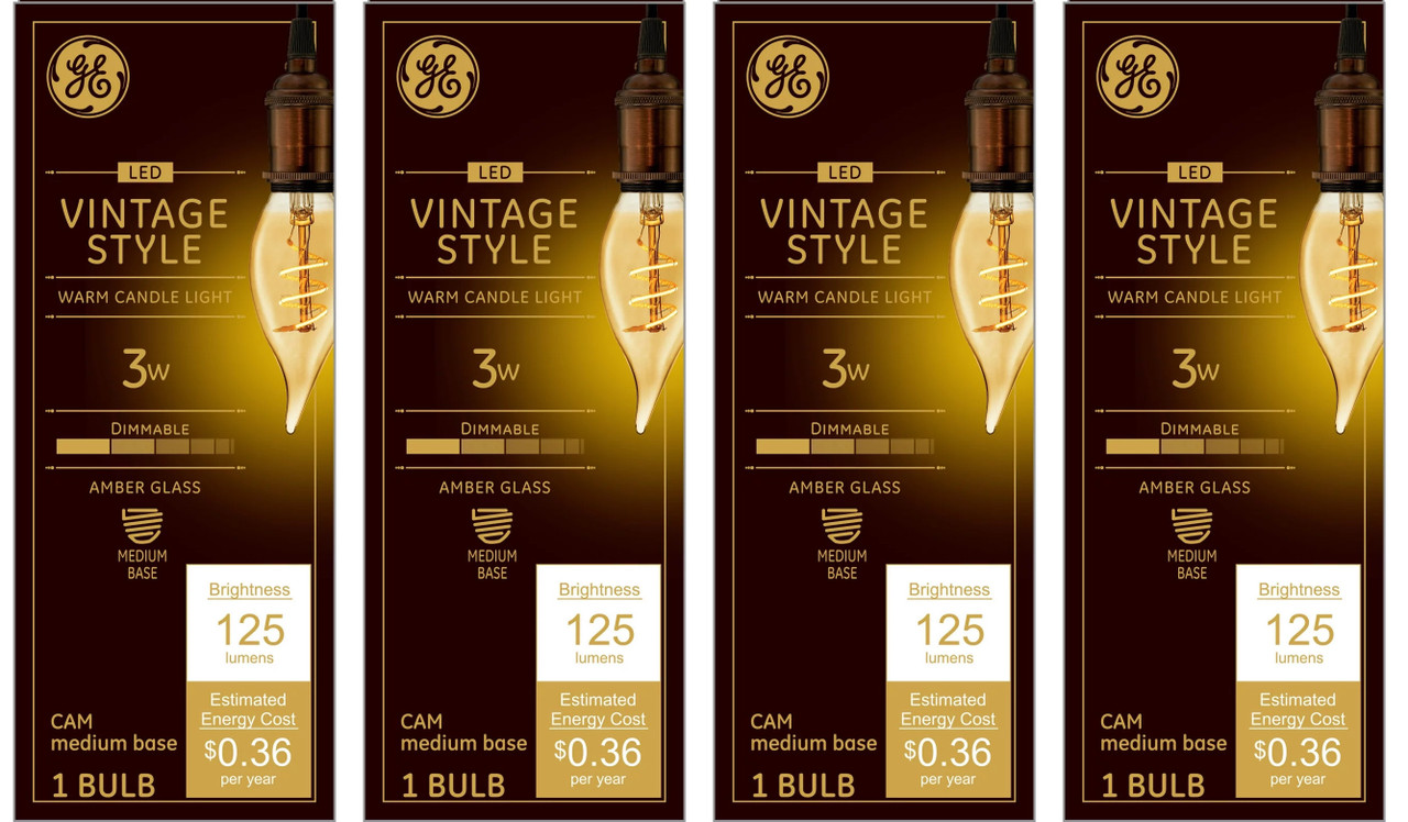 (case of 4) GE Vintage Decorative Bent Tip 3-Watt LED Light Bulb (25W Equivalent), Dimmable with Amber Finish and Spiral Filament, Medium Base, Single Bulb