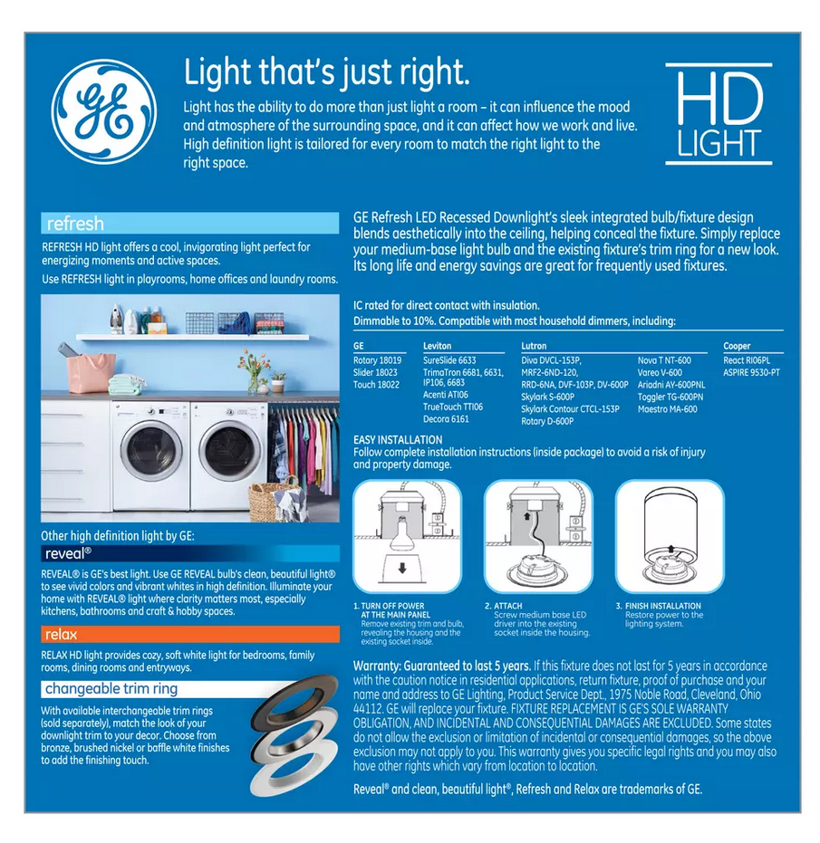 (case of 6) GE Refresh LED Recessed Downlight, 65 Watt Equivalent, 4 inch, RS4, White Dimmable Recessed Downlight, Energetic Daylight 5000K, 8 watt, 700 lumen