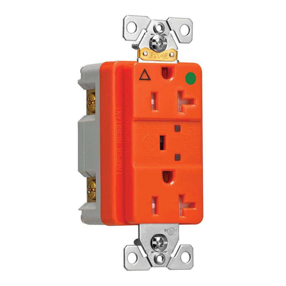 Eaton TRIG8362RNS 20 Amp TVSS Surge Protection Duplex Receptacle w/Alarm and LED Indicators, Hospital Grade, Tamper Resistant, Orange w/ LED indicators to verify surge protection & ground, 20A 125V