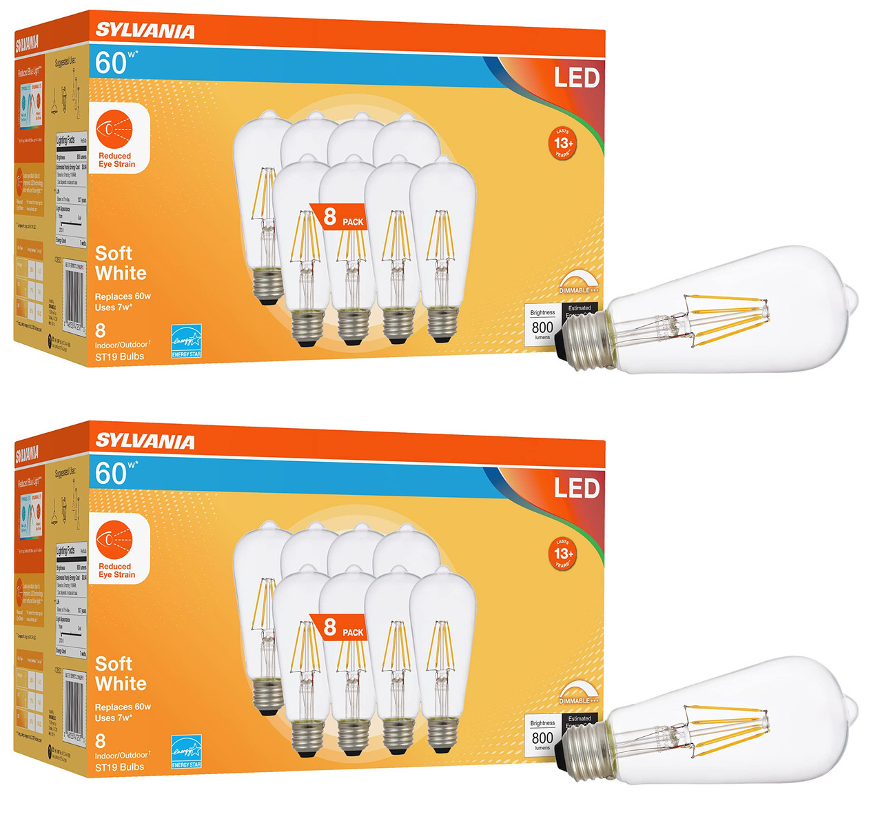 (16 bulbs) Sylvania Reduced Eye Strain ST19 LED Light Bulb, 7 watt, 800 lumen, 13 Year, Dimmable, Clear, 2700K, Soft White