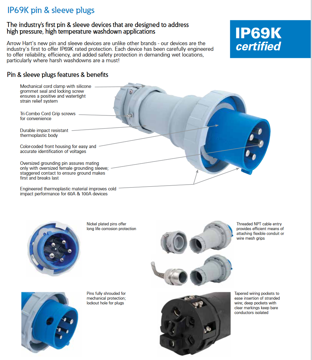 Eaton Arrow Hart AH530P5W Pin and Sleeve plug, 30A, 4-Pole, 5-Wire, 600V, Black, IP69K, IP67