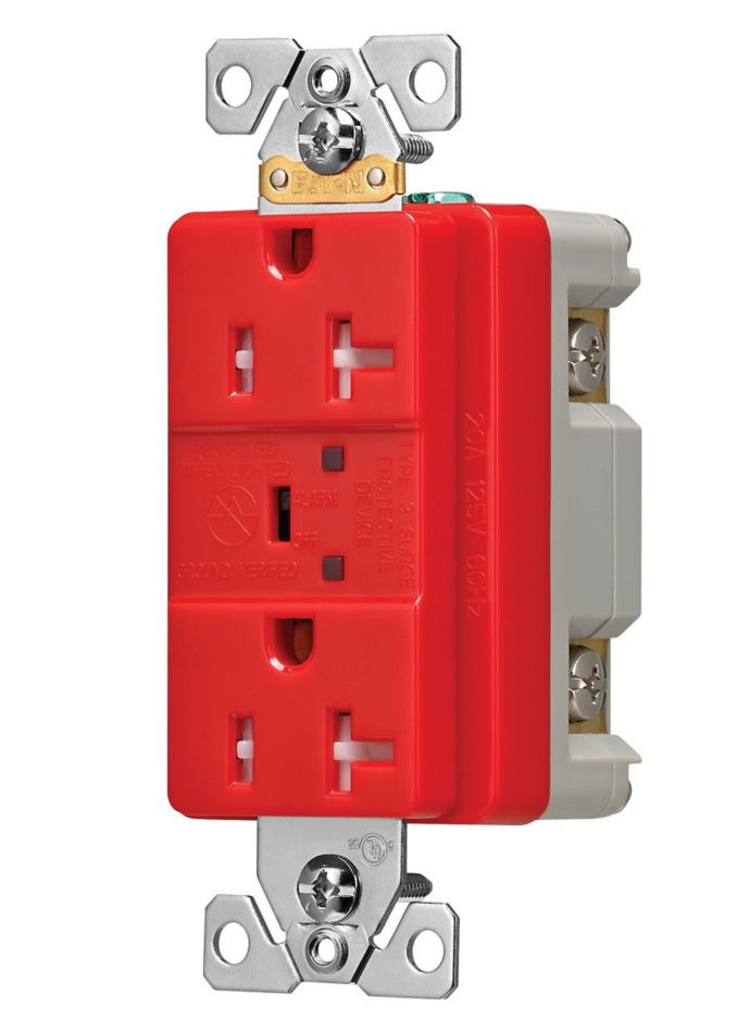 Eaton TR5362RDS Surge Protection Duplex Receptacle, TVSS, Tamper Resistant, Red, 20 Amp, 125V, 560 Joules, Red Thermoplastic, 2 Pole, 3-Wire Grounding, LED indicator and audible alarm