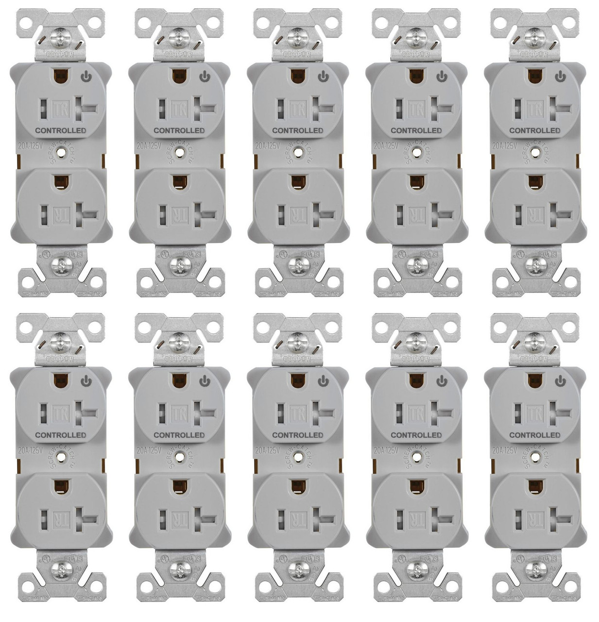 (case of 10) Eaton TR5362CHGY Heavy Duty Industrial Specification Duplex receptacle, Half Control, 20 Amp, Tamper Resistant, Auto Grounding, GRAY, 2 Pole 3-Wire, 125V