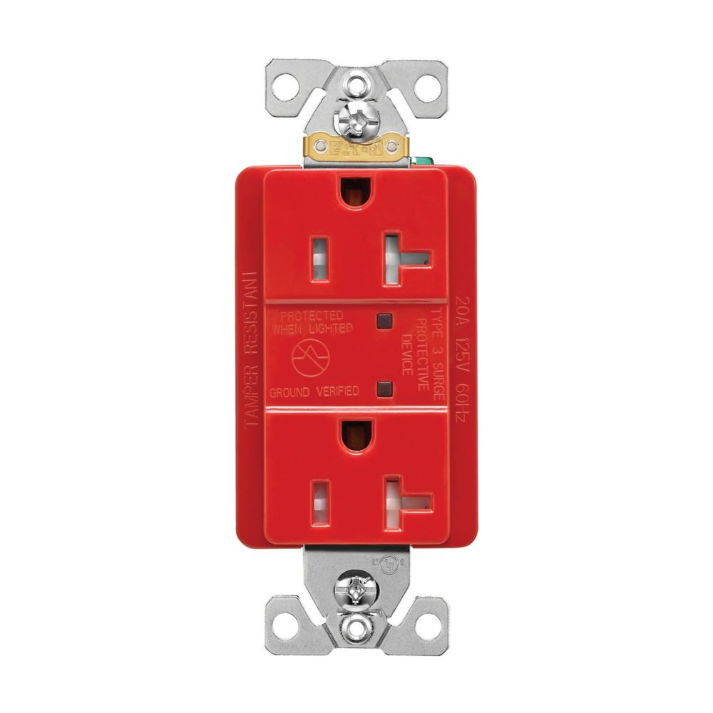 Eaton TR5360RDS Surge Protection Duplex Receptcale, TVSS, Tamper Resistant, Red, 125V, 20 Amp, with LED indicator, 2 pole, 3-Wire Grounding