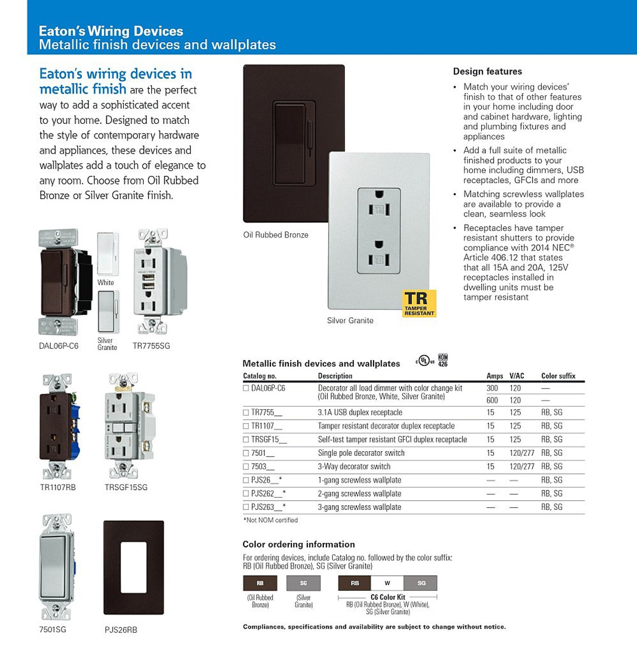 Eaton TR7755RB Combination USB Charger With TR Duplex Receptacle, 125 VAC, 15 Amp, 125V, 3.1A USB-A, Oil Rubbed Bronze Color