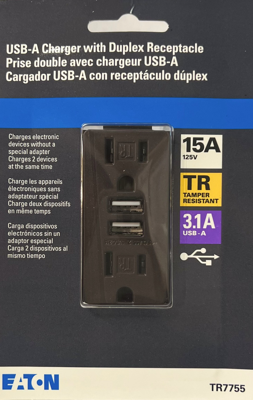 Eaton TR7755RB Combination USB Charger With TR Duplex Receptacle, 125 VAC, 15 Amp, 125V, 3.1A USB-A, Oil Rubbed Bronze Color