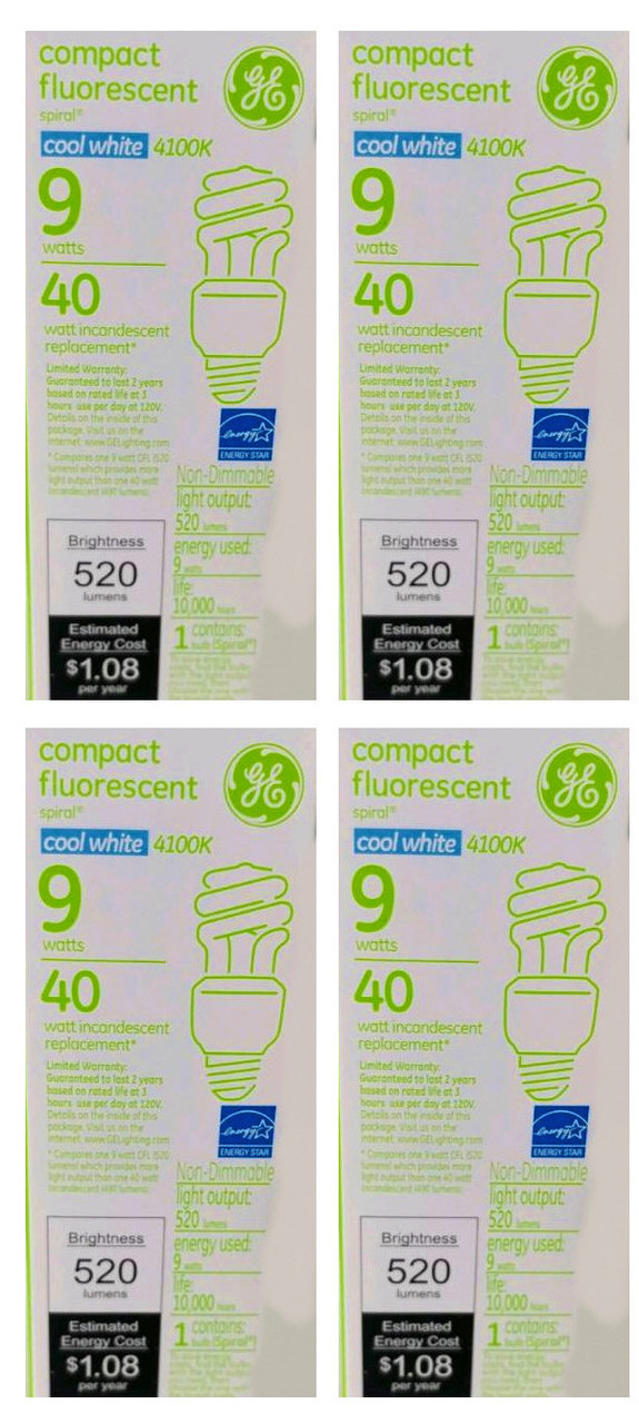 (case of 4) GE 42171 T3 Spiral CFL, Self-Ballasted, Medium Screw (E26) Base, 40 watt equivalent, Cool White, 9 watts, 520 lumens Compact Fluorescent Light Bulb