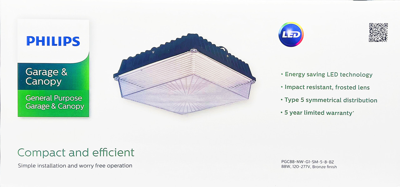 Philips Garage & Canopy LED Light, 88 watt, frosted lens, 4000K Neutral White, 10500 lumens, PGC88-NW-G1-SM-5-8-BZ, surface mount