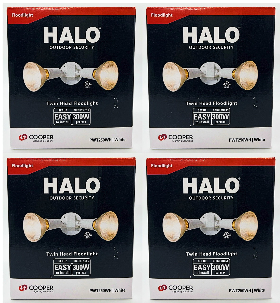 (case of 4) HALO PWT250WH Twin Flood Light fixture, White, weatherproof and corrosion resistant plastic, PAR Floodlight Fixture, White, Medium Base 