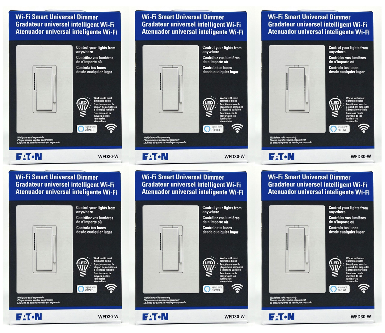 (case of 6) Eaton WFD30-W-BX-L Wi-Fi Smart Universal Dimmer Works with Alexa, White, Control your Lights From Anywhere