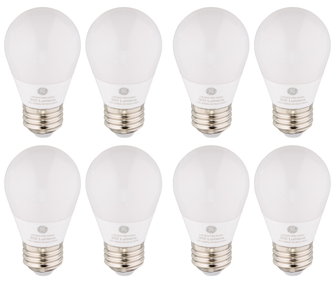 (8 bulbs) GE LED Daylight A15, 40 watt equivalent, 300 lumens, 5000K Daylight A15 Ceiling Fan/Appliance Light Bulb, frosted finish medium base, Dimmable 