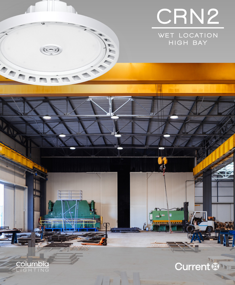 Hubbell Columbia Lighting CRN2-40MX-EDHV-FP-OCS Wet Location High Bay, 240 watts, Industrial Voltage 347-480V, Frosted Polycarbonate Lens, Microwave Ocuupancy Sensor, Dimming, with photcell, 