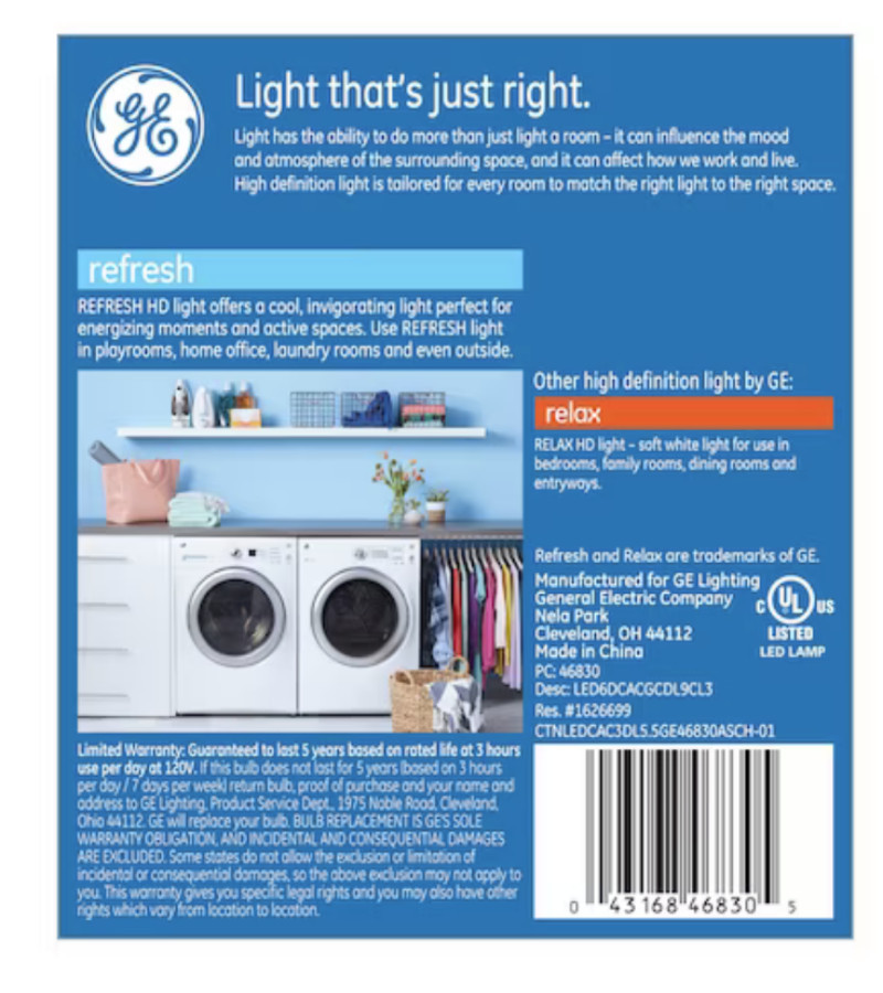 (6 bulbs) GE refresh LED Energetic Daylight LED CAC Lightbulb, candelabra base, 60 watt equivalent, Dimmable, clear finish, HD Light, LED Decorative, bent tip chandelier light bulb, 500 lumens