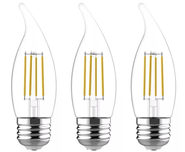 (3 bulbs) GE refresh LED cool white chandelier bulbs, 60 watt equivalent, 5.5 watt, 500 lumens, Dimmable, medium base (CAM) LED 6500K arctic white decorative bulb